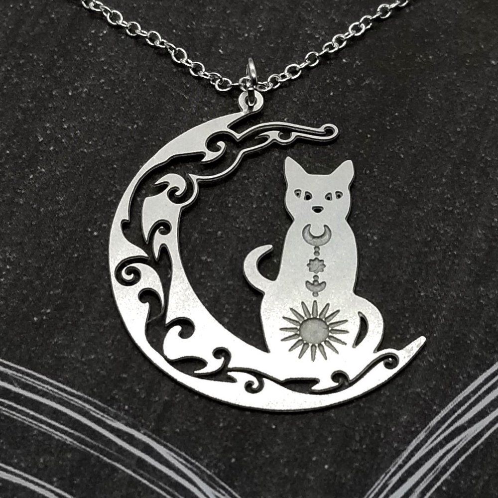 Filigree Crescent Moon & Cat Silver Necklace